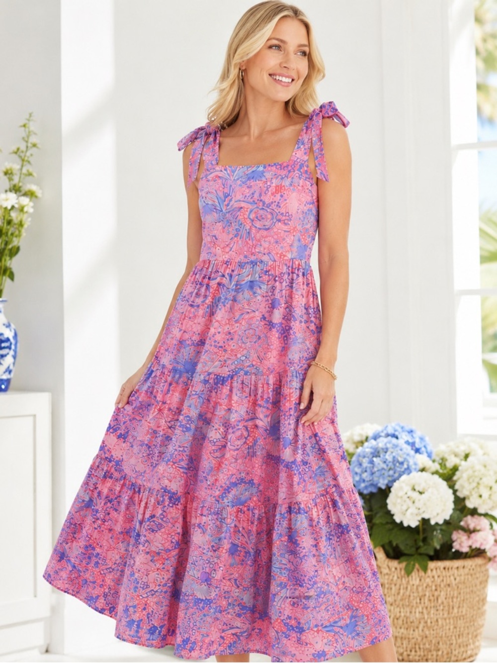 Talbots Pink Blue Tropical Tie Strap Tiered Maxi Dress Size 4 Resort Coastal